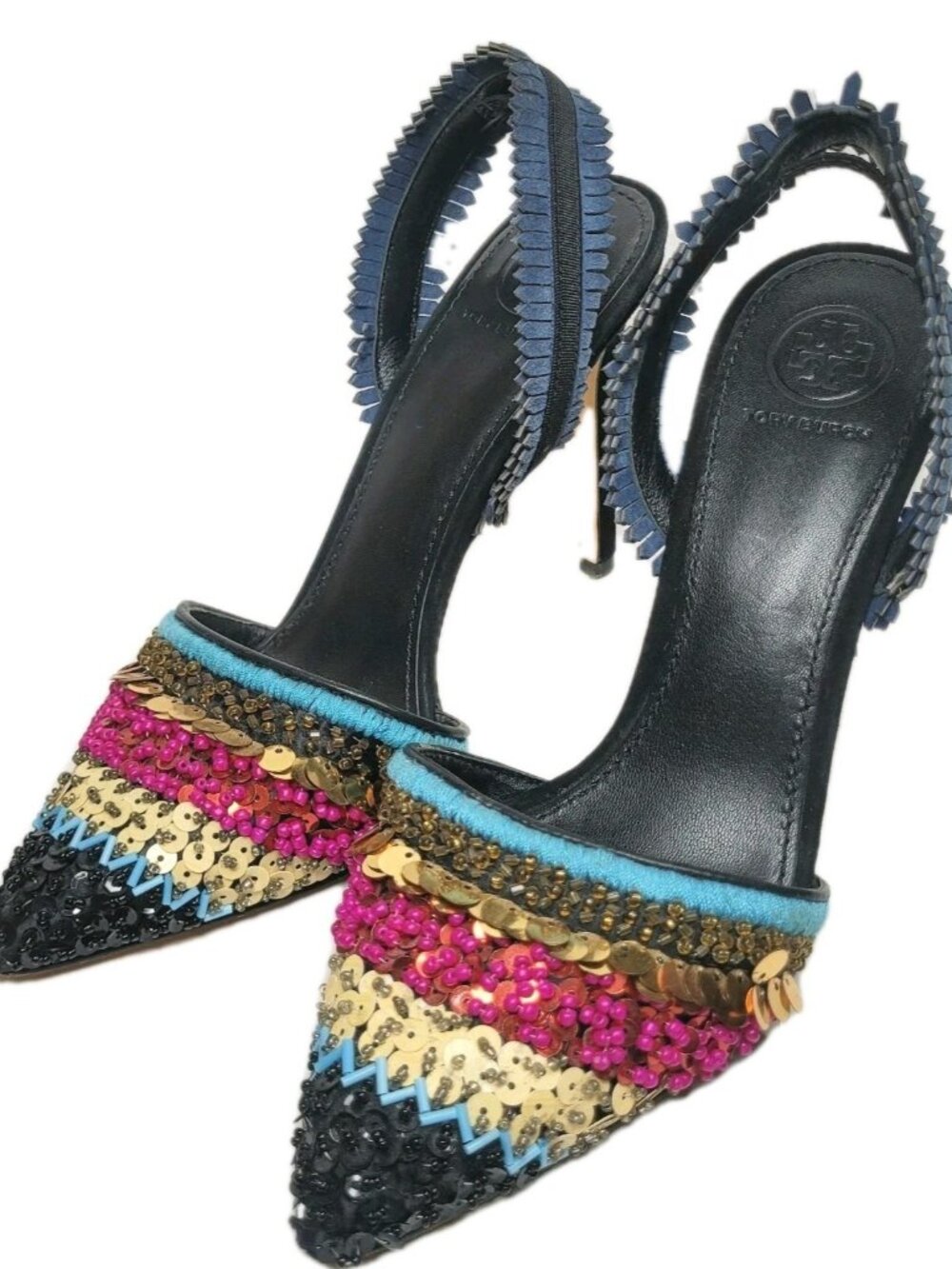 Tory Burch Isle Beaded Slingback Pump Size 7 M 105mm Sequins Black Embellished